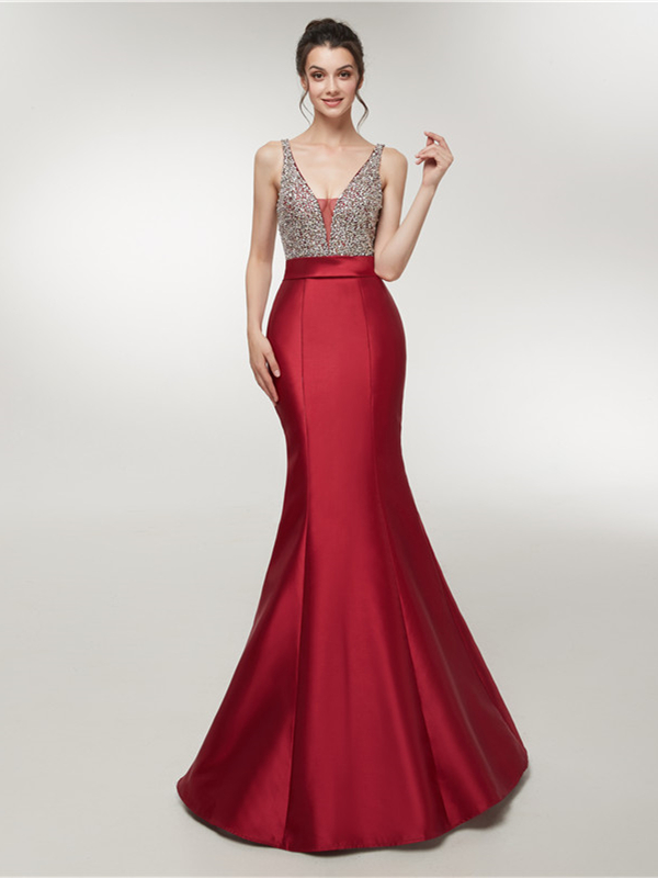 Robe De Soir e Sir ne Rouge Satin Paillette D collet V Plongeant