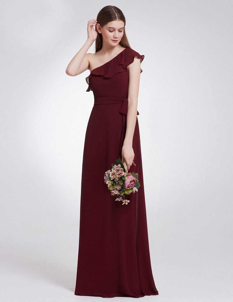Robe Demoiselle d honneur Asymetrique Longue Mousseline Bordeaux