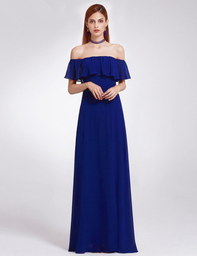 Robe Demoiselle d honneur Boheme Epaule Denudee Longue Mousseline Bleu Marine