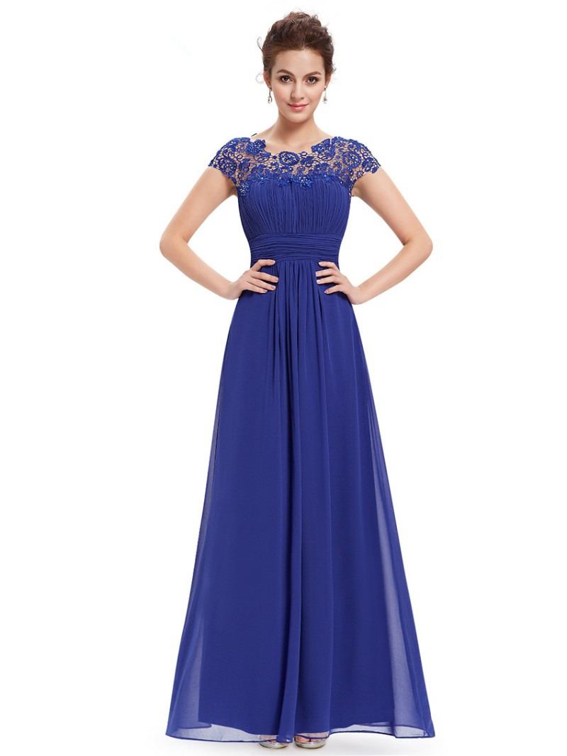 Robe Demoiselle D honneur Dos Ouvert Longue Mousseline Dentelle Bleu Roi