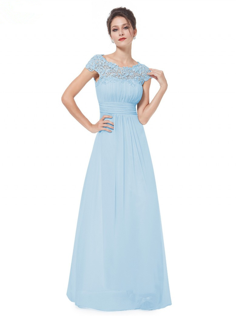 Robe Demoiselle D honneur Longue Mousseline Dentelle Bleu Ciel Dos Ouvert