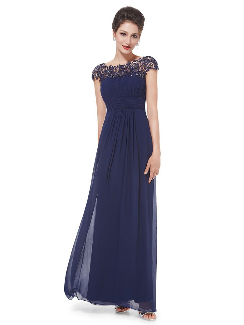Robe Ceremonie Longue Mousseline Dentelle Bleu Marine Dos Ouvert