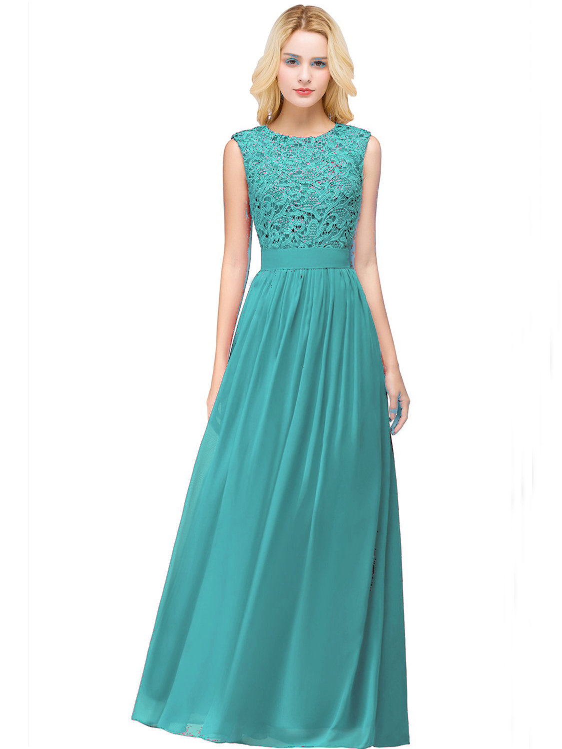 Robe Demoiselle D Honneur Soiree Longue Vert D Eau Dentelle Mousseline Fluide