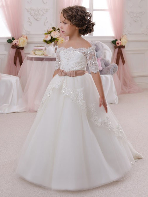 Robe Fille Mariage Blanche Tulle Dentelle Manche Robe De Communion Epaule Denudee