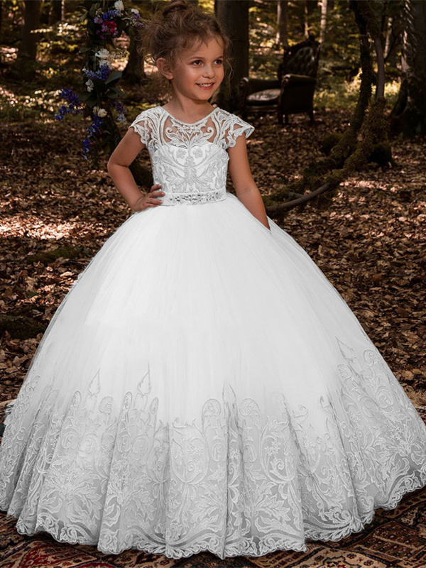 Robe Fille Mariage Princesse Blanche Tulle Dentelle Col Rond