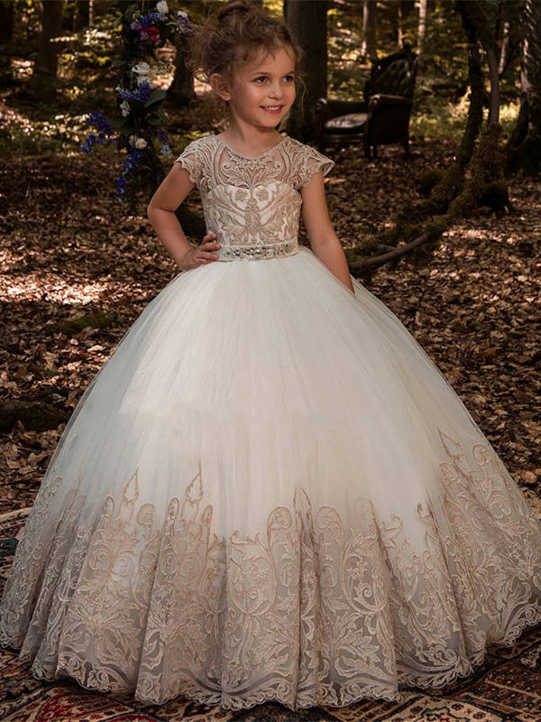 Robe Fille Mariage Princesse Blanche Tulle Dentelle Col Rond