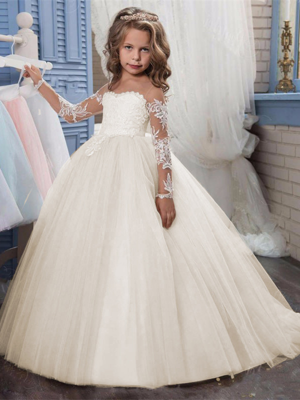 Robe Fille Mariage Princesse Blanche Tulle Dentelle Manche Longue Robe De  Communion