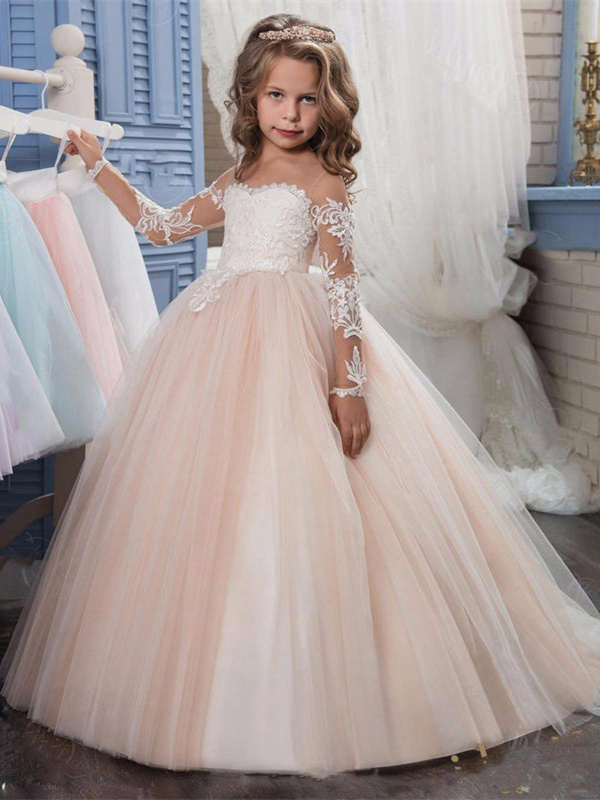 Robe Fille Mariage Princesse Blanche Tulle Dentelle Manche Longue Robe De Communion