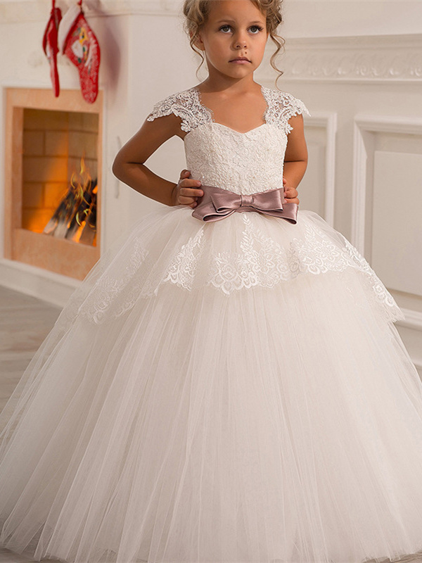 Robe Fille Mariage Princesse Tulle Dentelle Avec Noeud