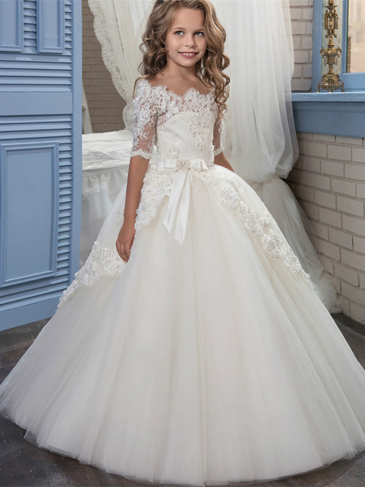 Robe De Fille En Velours Et Tulle Pour Noël - Manches Longues, Nœud Papillon, Tailles 2 à 7 Ans