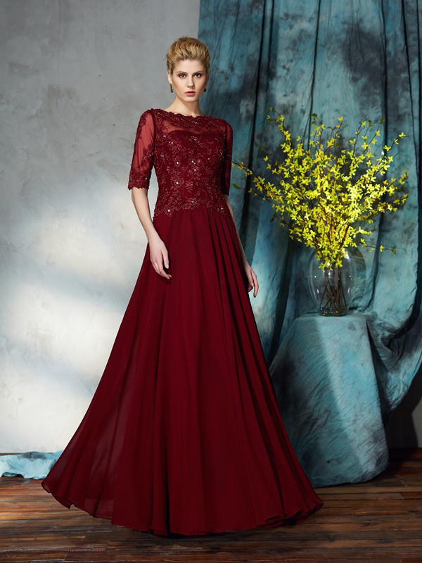 Robe Mere Mariee Soiree Longue Fluide Bordeaux Mousseline Dentelle Demi Manche