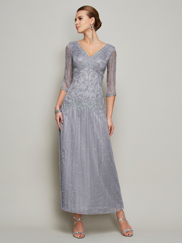 Robe Mere Mariee Soiree Longueur Cheville Grise Tulle Perle Manche 3 4