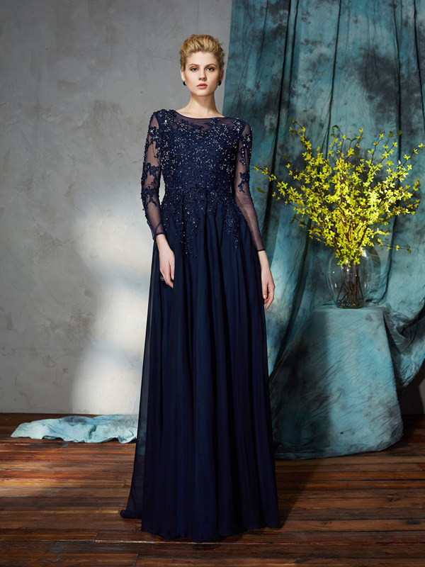 Robe Mere Mariee Soiree Manche Longue Bleu Marine Mousseline Dentelle Perle
