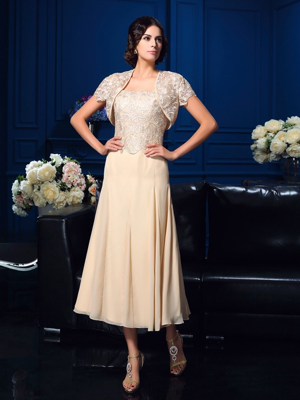 Robe Mere Mariee Soiree Mi Longue Beige Mousseline Dentelle Avec Bolero