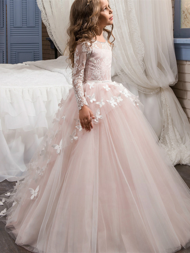 Robe Pour Mariage Fille Manche Longue Rose Tulle Dentelle Papillon