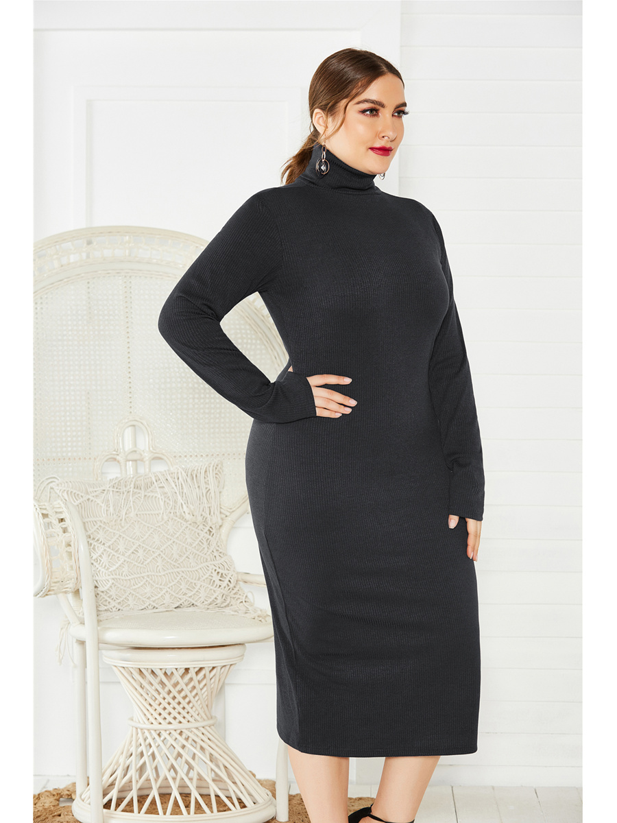 Robe Pull Noire Femme Ronde Fourreau Manche Longue Col Montant