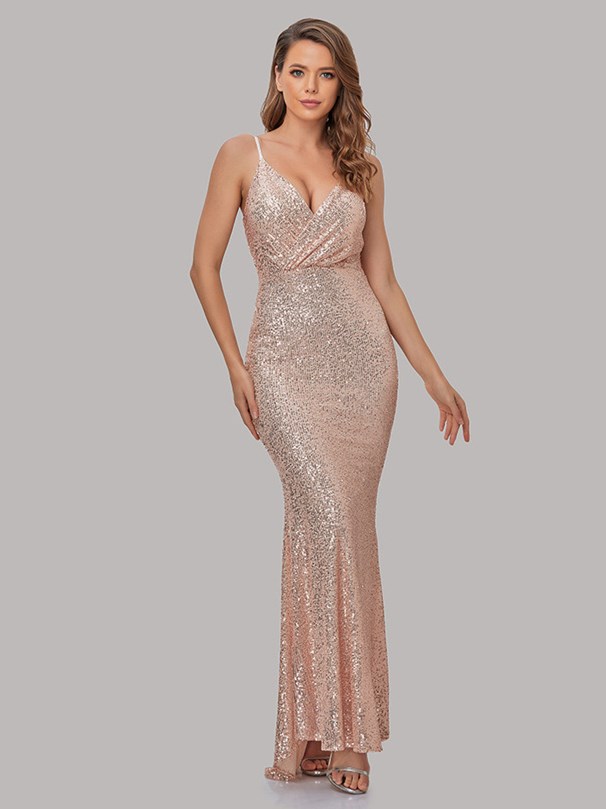 Robe De Soirée Sexy Sirène Paillette Rose Gold Taille Empire Fine Bretelle